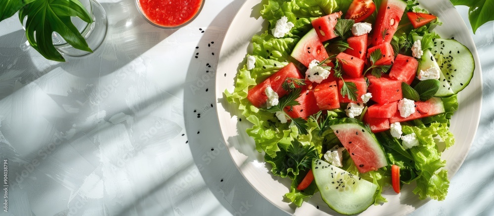 Poster summer salad featuring watermelon lettuce goat cheese and spices paired with a watermelon smoothie r