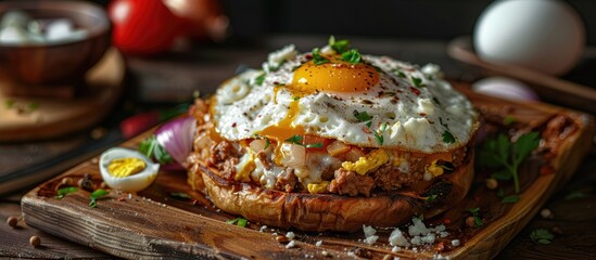 Front view of a Papa Rellena Peruvian dish on a wooden board with meat egg and onion ready to eat with copy space image