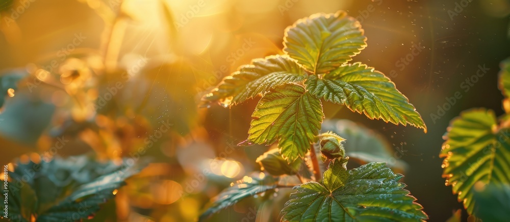 Poster raspberry leaves up close in the garden during sunset with shallow depth of field for a natural feel