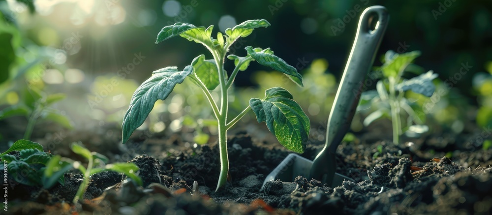 Poster close up selective focus on tomato seedling and garden tools in a copy space image