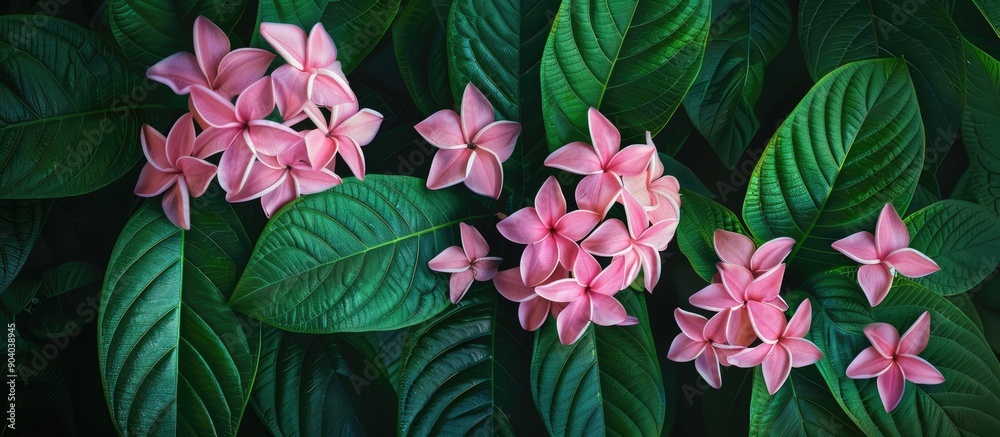 Poster Pentas lanceolata flowers in delicate pink hues are in full bloom surrounded by lush green leaves creating an elegant display in a copy space image