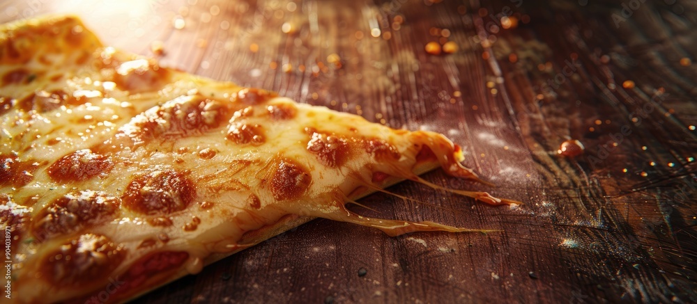 Aufkleber A freshly baked pizza slice topped with gooey melted cheese displayed on a rustic wooden table with copy space image included
