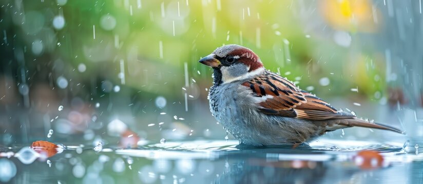 A charming sparrow frolicking in a rain drenched setting ideal for a copy space image