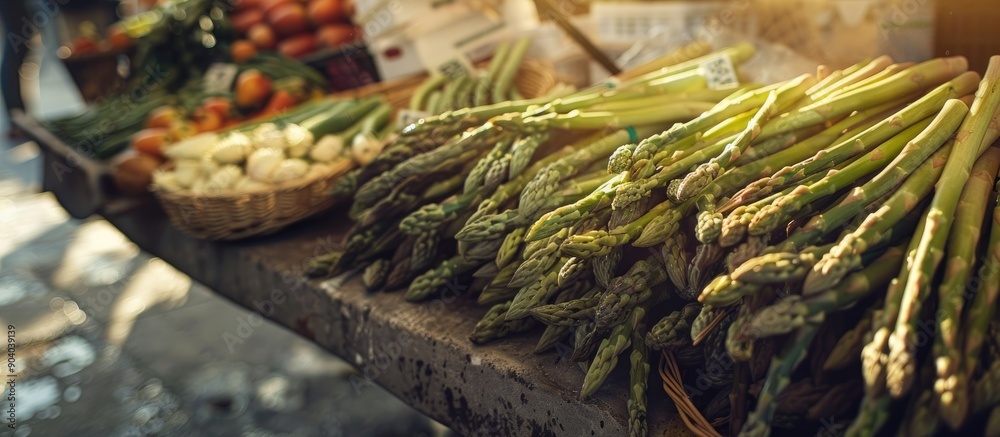 Aufkleber fresh asparagus displayed in a market with copy space image available
