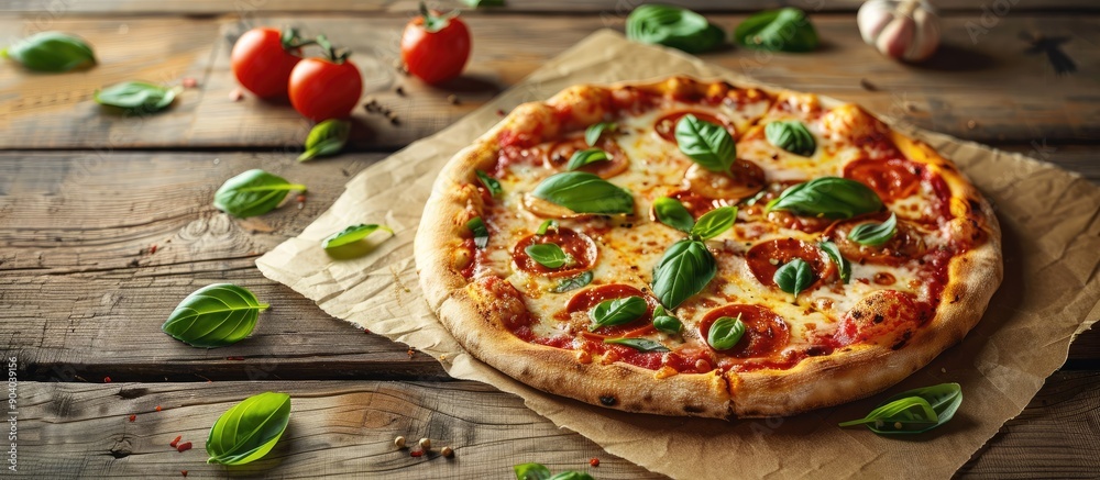 Aufkleber margherita pizza with tasty toppings displayed on a rustic wooden table with ample copy space image