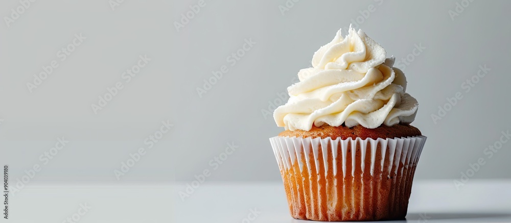 Poster delicious cupcake topped with buttercream on a white backdrop with copy space image