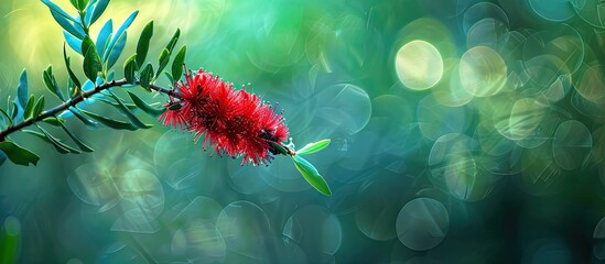 A vibrant red Dwarf Bottlebrush Myrtaceae flower with stunning bokeh set against a lush green backdrop in a copy space image