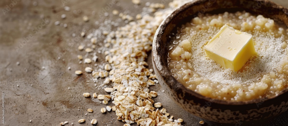 Poster close up of buckwheat porridge with a piece of butter shown in a copy space image