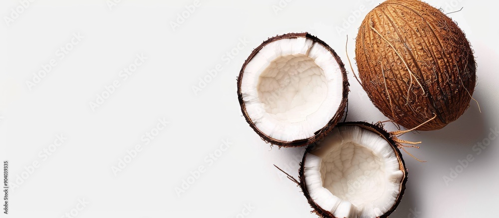 Aufkleber Isolated on a white backdrop there are two coconut halves with copy space image available