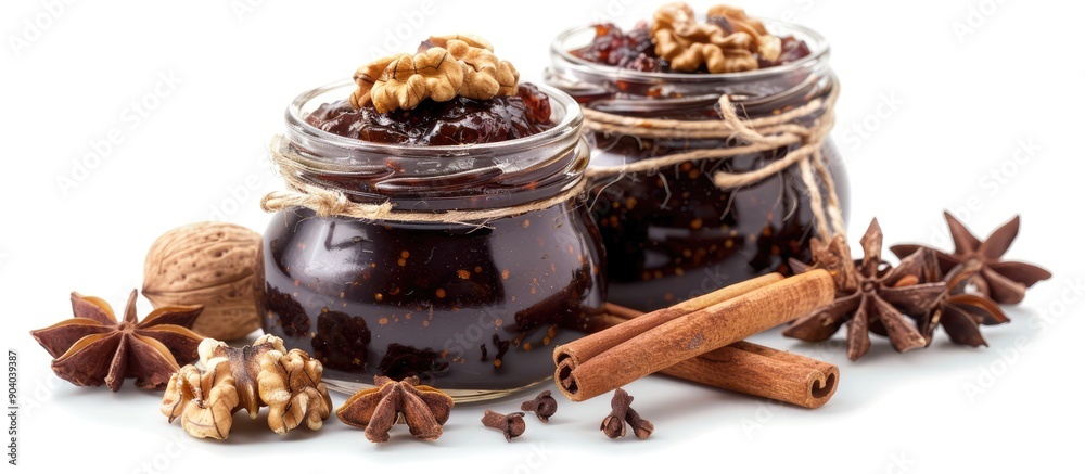 Poster Homemade preserves of eggplant jam with walnuts cinnamon and cloves on a white background in a copy space image