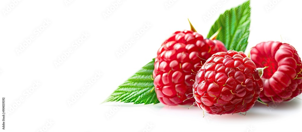 Poster fresh ripe raspberry with green leaf on white background perfect as a copy space image