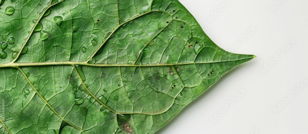 Poster Fresh green leaf with insect bite marks creating a natural pattern on a copy space image