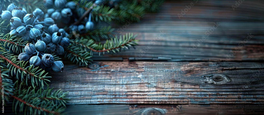 Poster wooden background with juniper berries offering copy space image