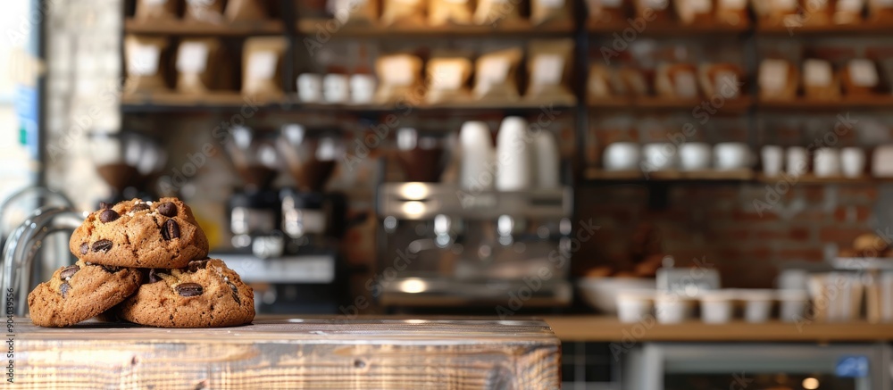 Aufkleber A blurred abstract background featuring a cake and cookie displayed on a coffee shop shelf in the copy space image