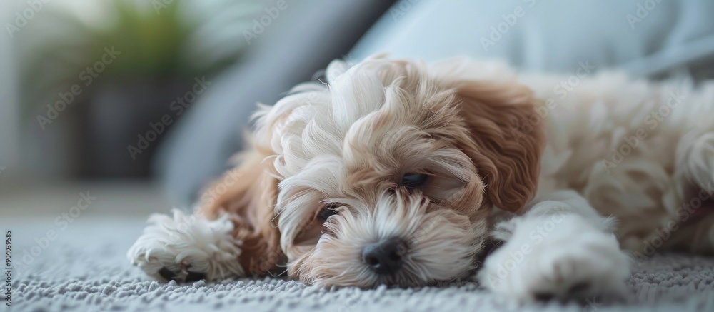 Poster Maltipoo puppy resting in a modern environment with copy space image in a lovely home setting