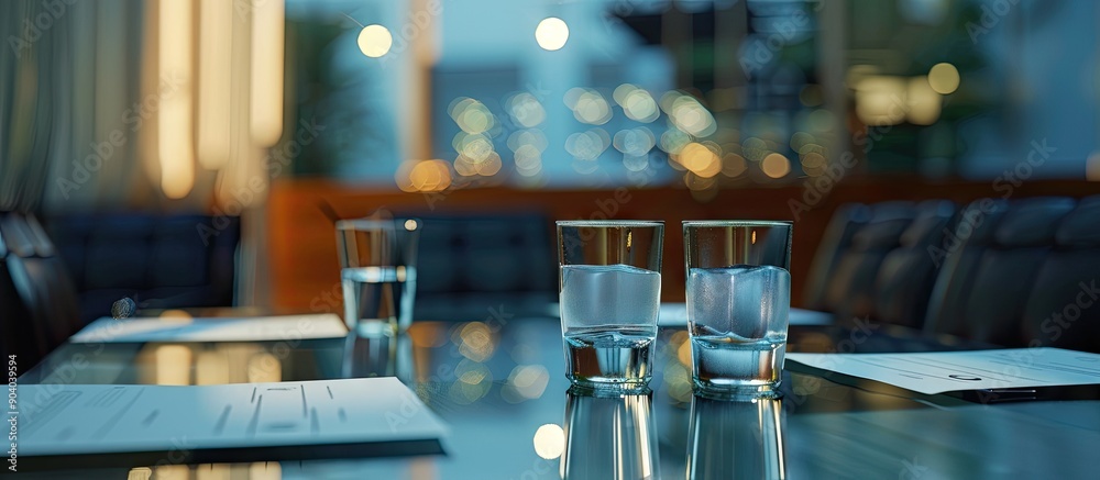 Poster A table in the conference room is arranged with drinking glasses and white papers creating a formal setting with ample copy space image