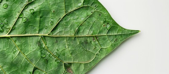 Fresh green leaf with insect bite marks creating a natural pattern on a copy space image