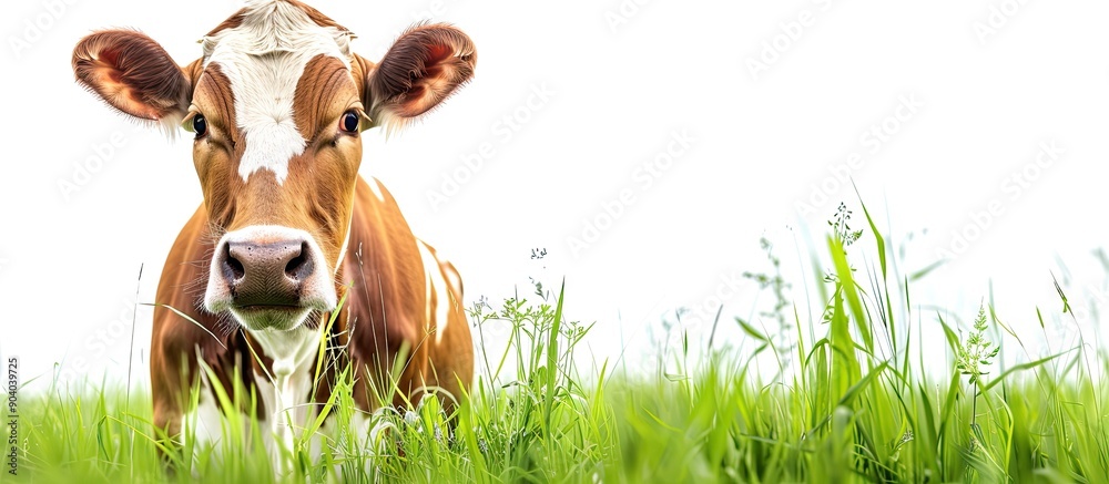 Poster a cow stands in a grassy field with plenty of copy space image