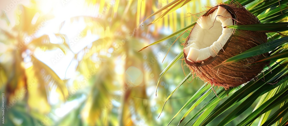 Poster a fresh coconut hanging on the palm tree with a blank background ideal for copy space image