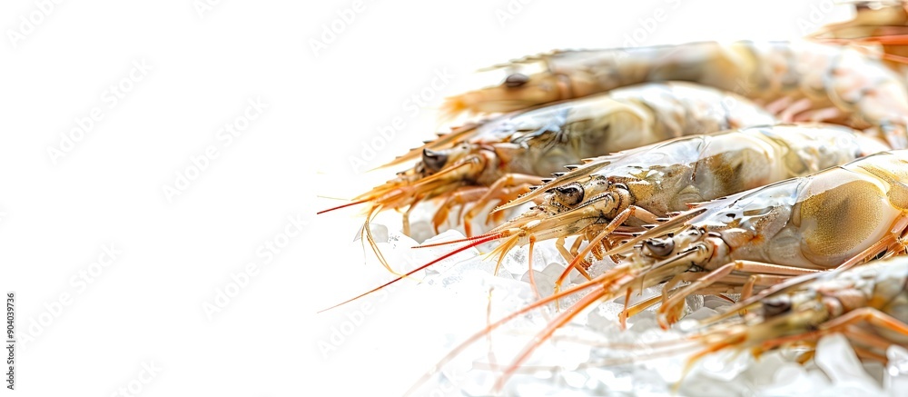 Poster Raw shrimp with a clean white background providing a copy space image