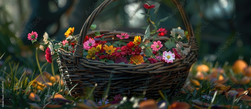 Poster A basket filled with freshly picked flowers and petals from an outdoor garden with a blank space for inserting an image. . image with copy space