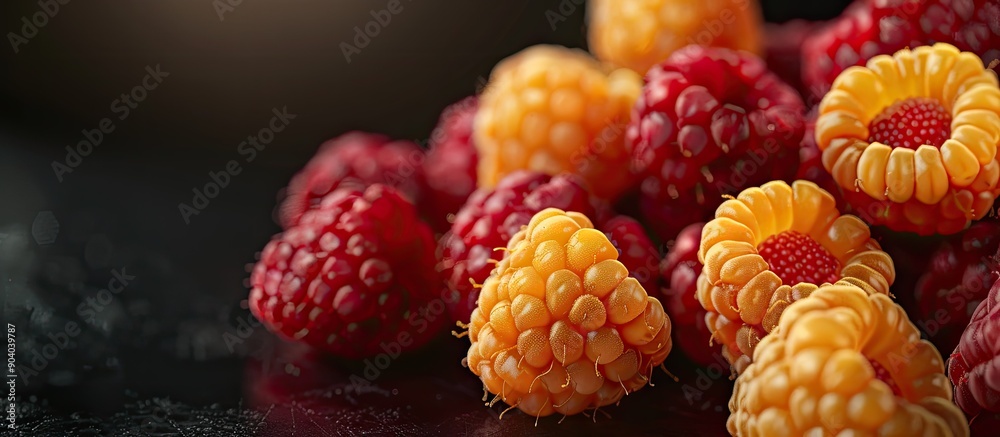 Poster close up photo of fresh red and yellow raspberries with copy space image