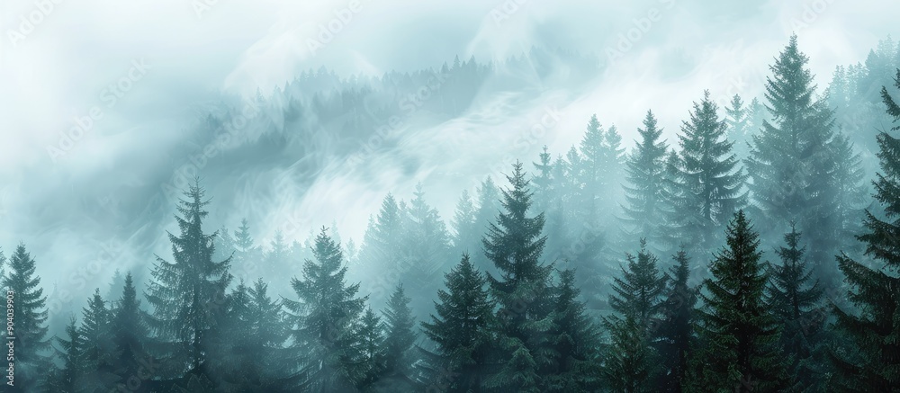 Poster Scenic view of mist covered pine forest on mountain slope in a nature reserve with copy space image