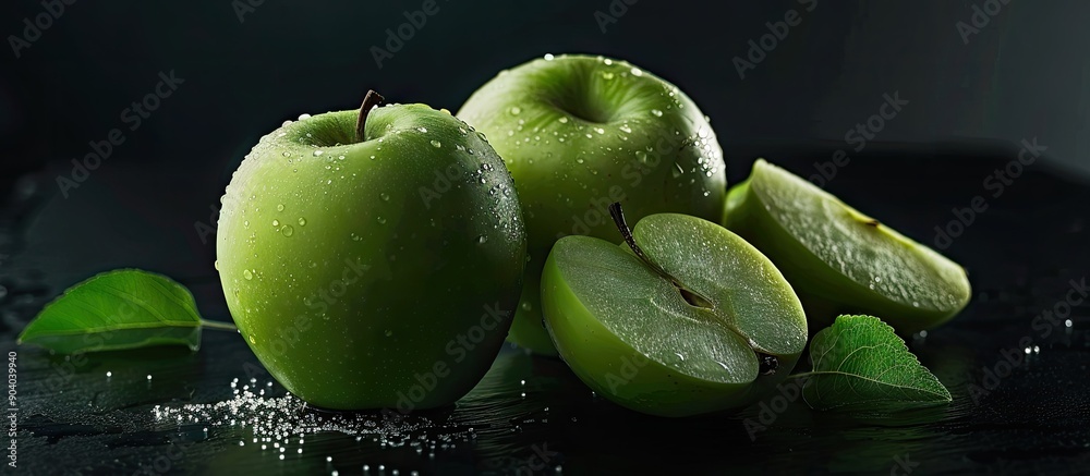 Poster Green apples fresh and enticing presented in a side view with a whole apple and a slice displayed on a black backdrop in this appealing copy space image