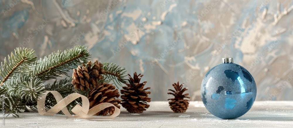 Poster high quality photo featuring a christmas arrangement with cones a blue glass ball and tape on a ligh