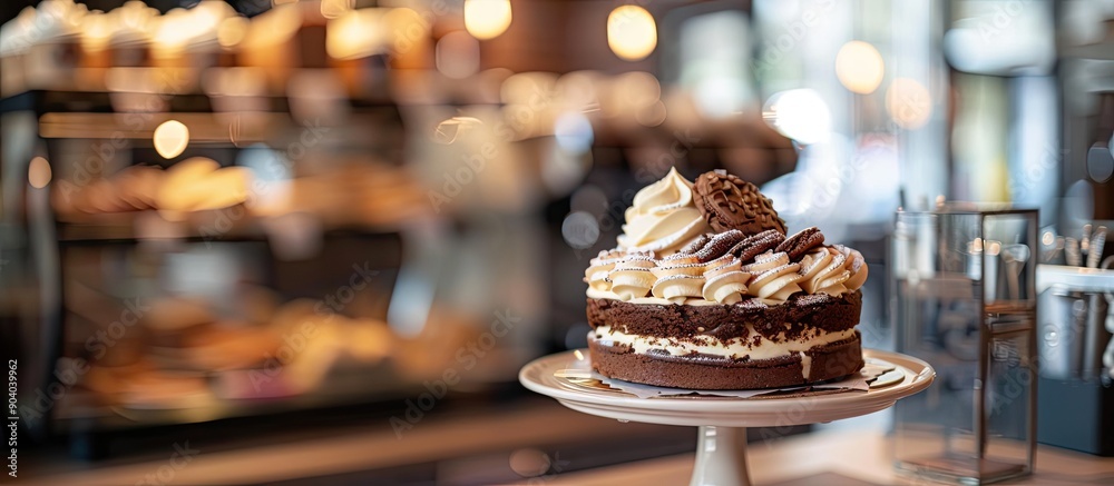 Aufkleber A blurred abstract background featuring a cake and cookie displayed on a coffee shop shelf in the copy space image