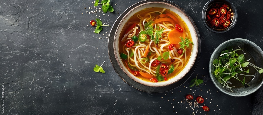 Poster vegetable noodle soup served with stir fried ingredients and a rich broth in a well composed arrange