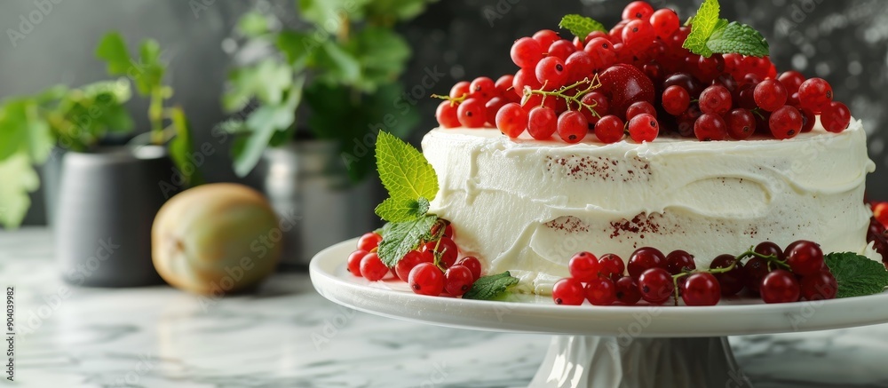 Poster Close up image of a white cake adorned with red currants and mint leaves placed next to assorted fruits with copy space image