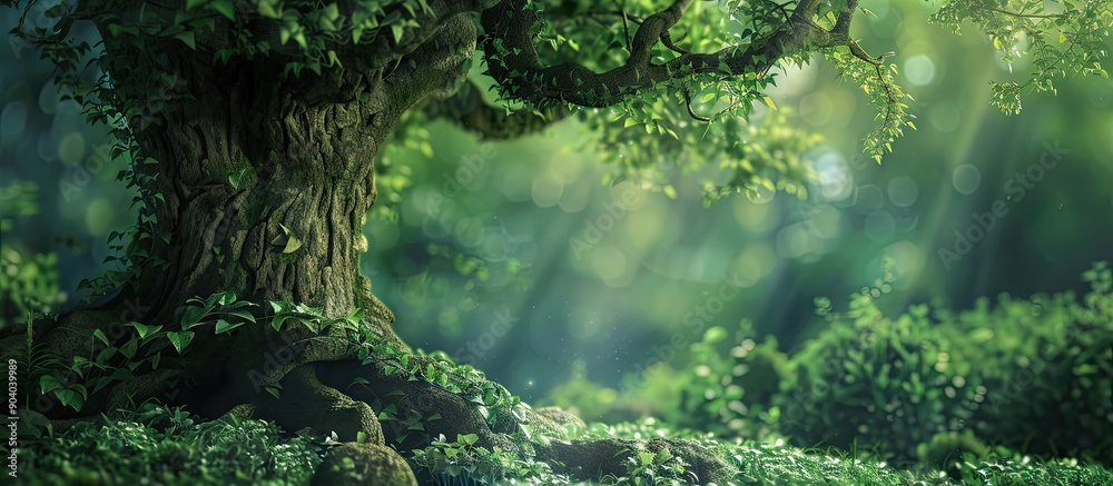 Poster an ancient tree with lush green leaves against a backdrop of a peaceful forest providing ample copy 