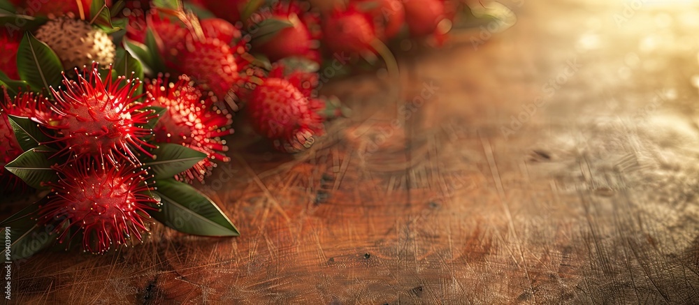Poster Exotic rambutan fruit displayed on a wooden surface with a background ideal for adding additional content like a copy space image