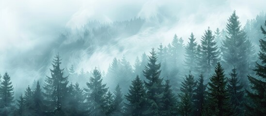 Obraz premium Scenic view of mist covered pine forest on mountain slope in a nature reserve with copy space image