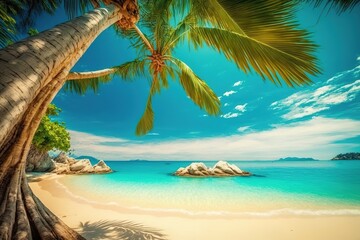 Obraz premium Palm tree canopy over tropical beach with blue sky and turquoise water.