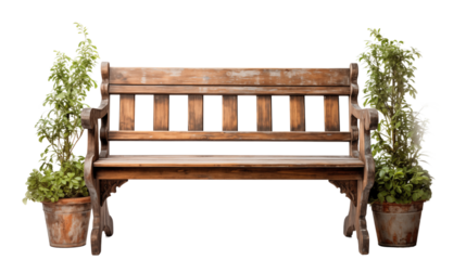 Wooden outdoor bench with plants. Handcrafted wood furniture.
