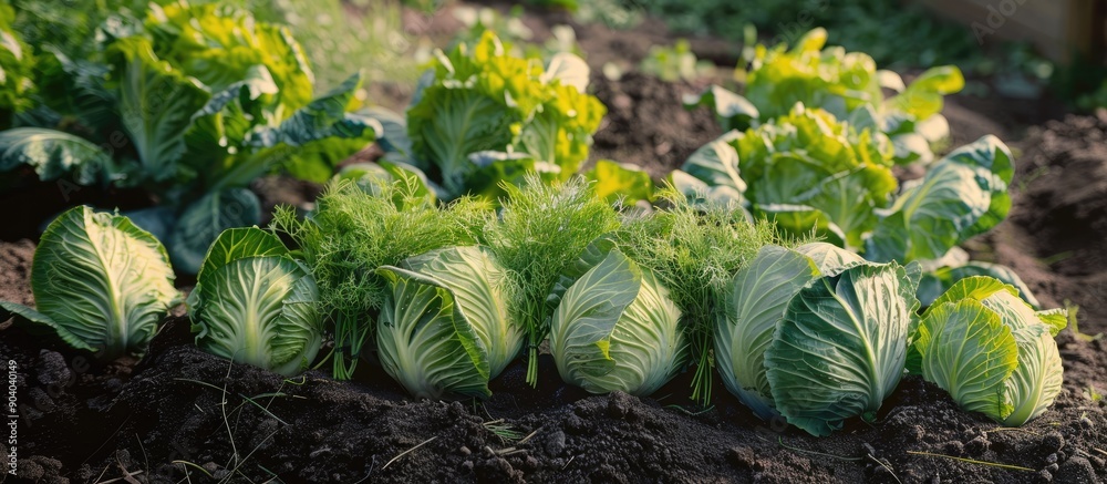 Poster Fresh young cabbage forks arranged decoratively on a bed of garden plots with dill creating a beautiful composition with copy space image