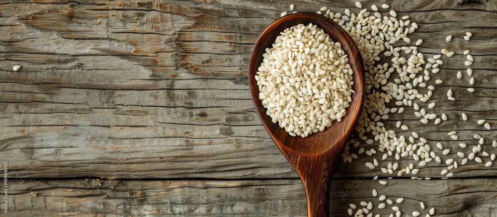 Poster wooden spoon with white sesame seeds on rustic wood background with copy space image