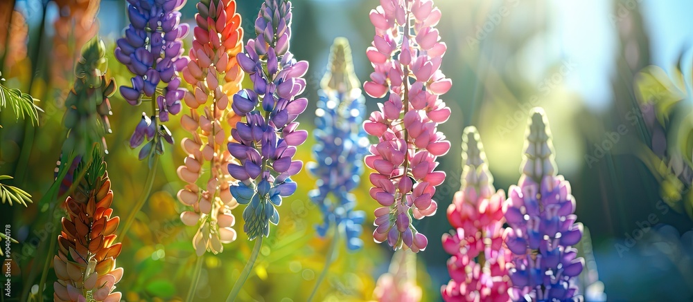 Poster colorful lupins hanging on a sunny day with a backdrop of green trees in a copy space image