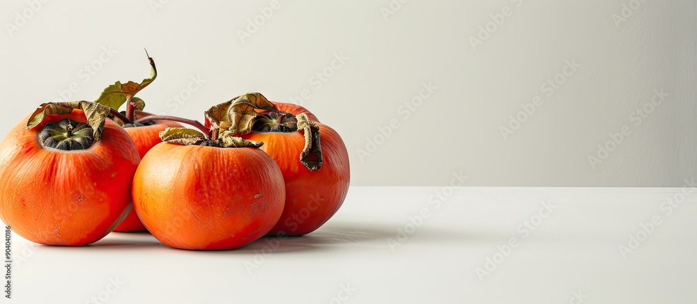 Poster A picture showing fresh ripe persimmons against a plain white backdrop with copy space image