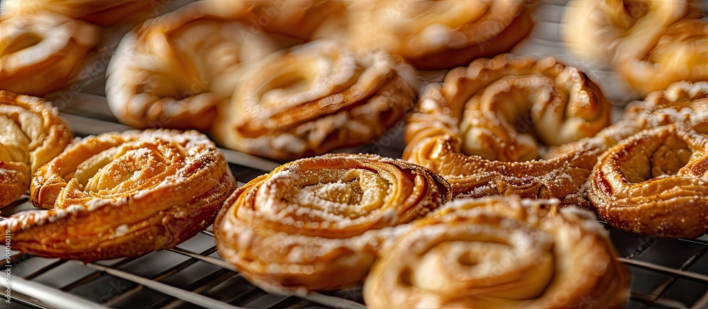 Poster variety of homemade puff pastry pastries like palmiers and elephant ears displayed on a cooling rack