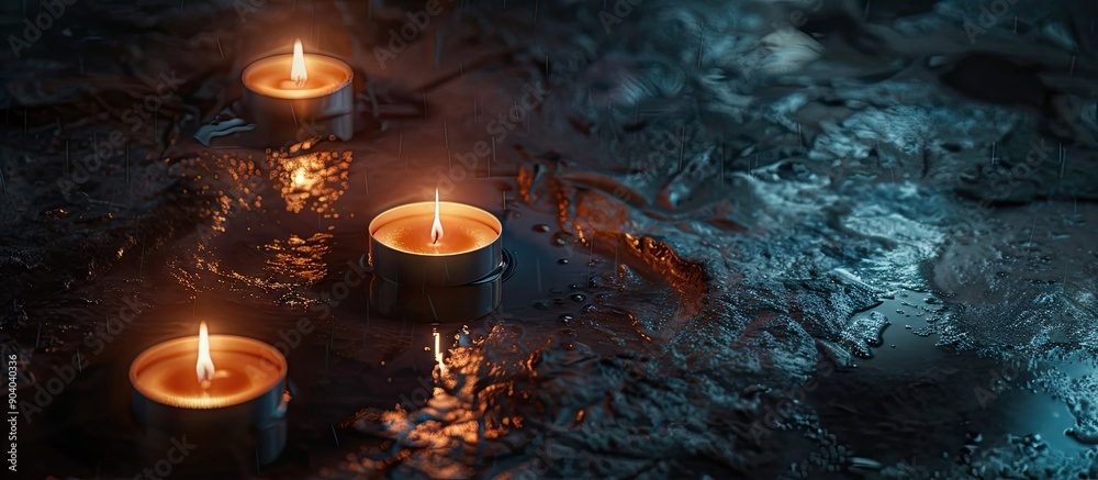 Poster A few small candles burning on a dark surface with a clear paraffin coating creating a copy space image