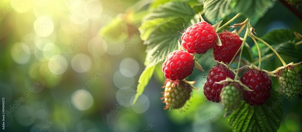 Poster Ripe raspberry branch in garden with selective focus and shallow depth of field perfect for copy space image