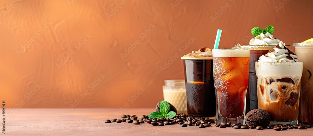 Poster Coffee cocktails soft drinks and dairy gloss are displayed in an appealing manner with copy space image