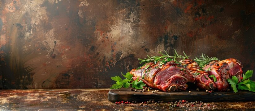 Seasoned pork shoulders with a blend of herbs and spices ready for cooking with a rustic background offering ample copy space image
