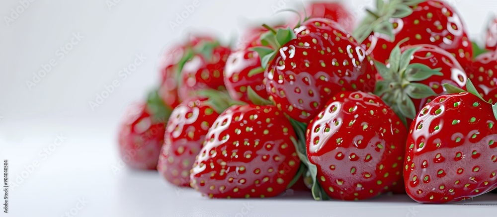 Poster close up image of a bunch of vibrant dutch strawberries on a white backdrop with ample copy space im