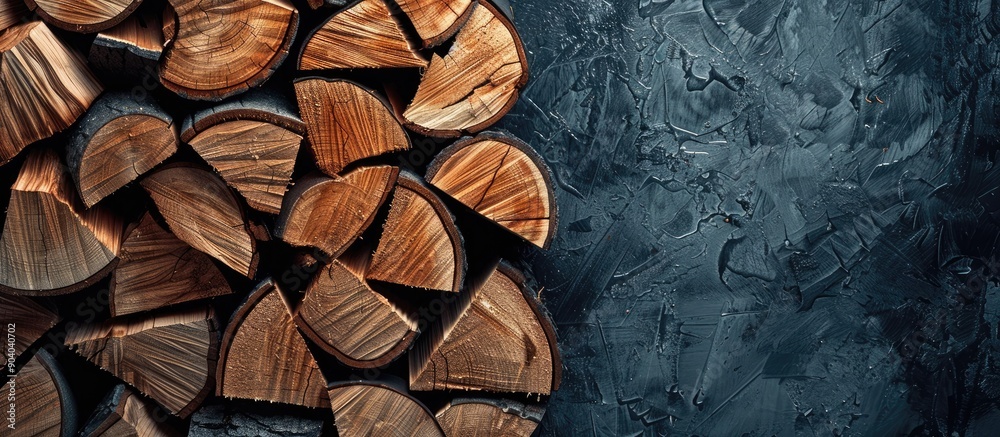 Poster stack of cut firewood for heating and storage purposes showing the concept of heating with copy spac