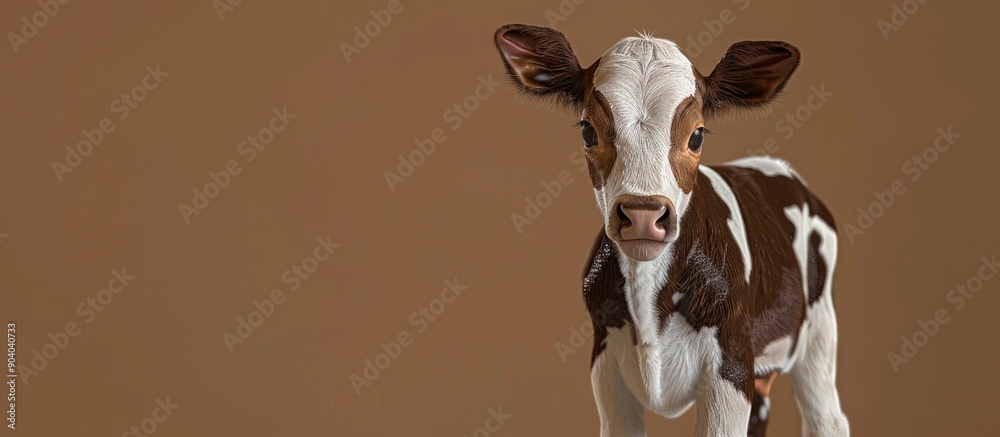 Poster A few days old Holstein Freisian calf with brown and white patches set in a background with copy space image