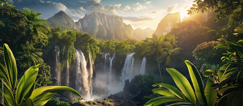 Poster majestic waterfalls embraced by lush rainforest at sunrise with distant mountains in view perfect fo